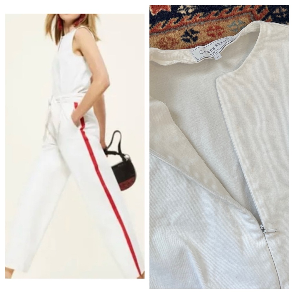Carolina Ritzler coverall zipper white red stretch cotton denim jumpsuit 36 S